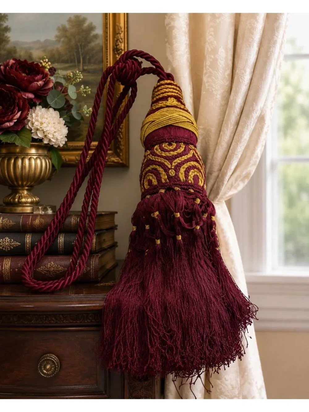 Vintage Extra Large Burgundy Gold Passementerie Curtain Tieback Tassel 45 Inch H